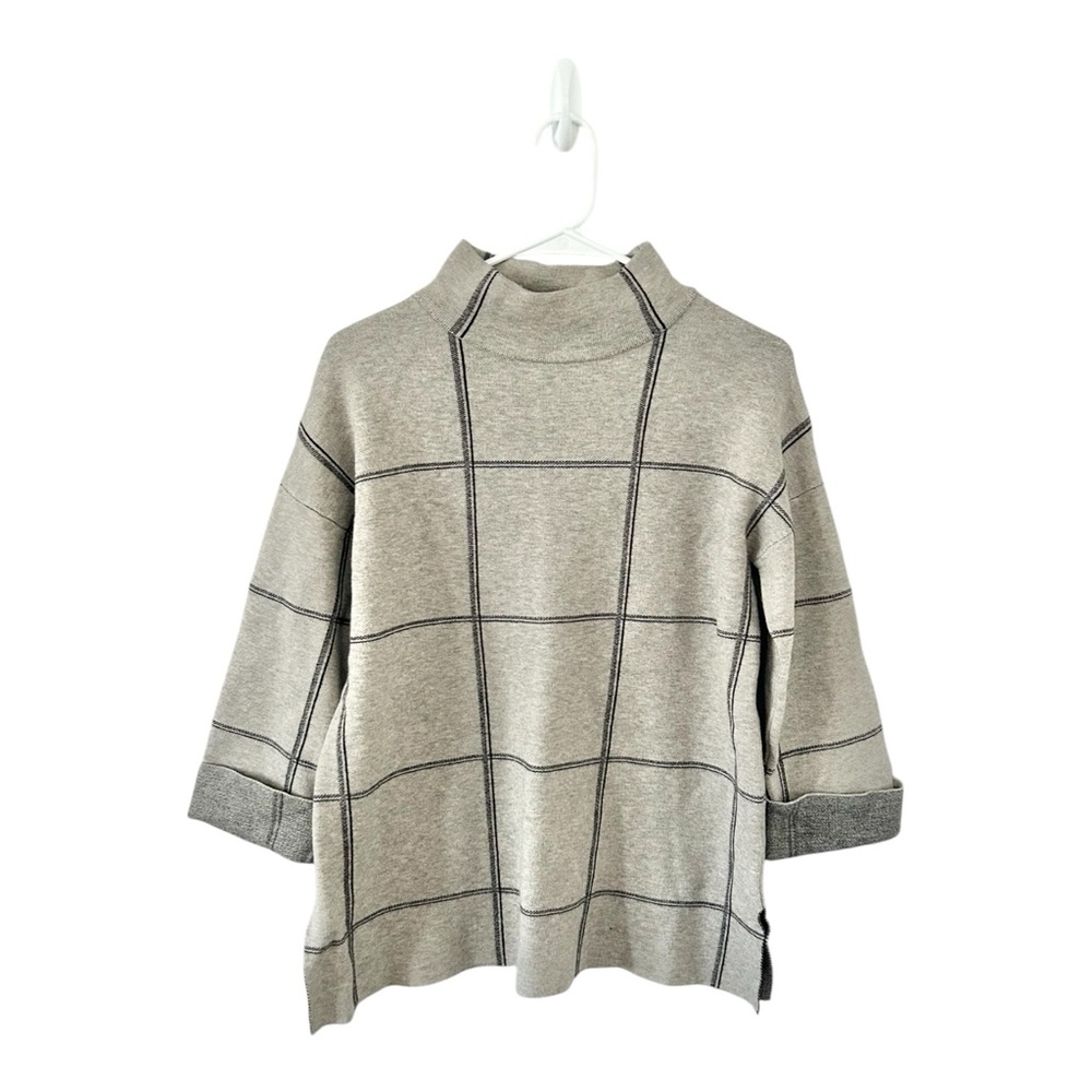 Tahari Windowpane Mock‎ Neck Cuffed Sleeve Sweater Size Medium